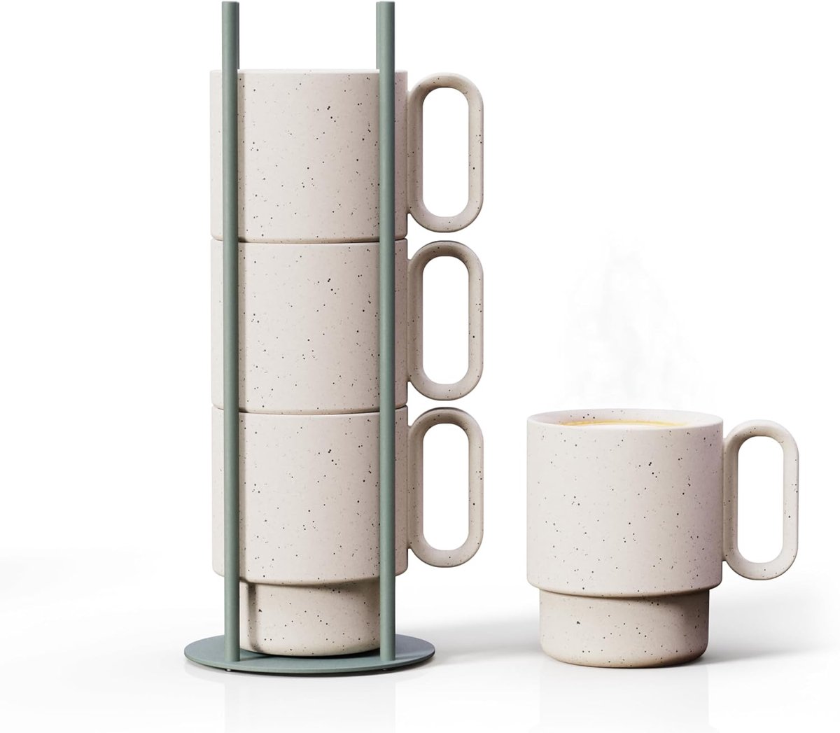 Stapelbare Keramische Koffiemokken Set met Groene Standaard - 4 Stuks