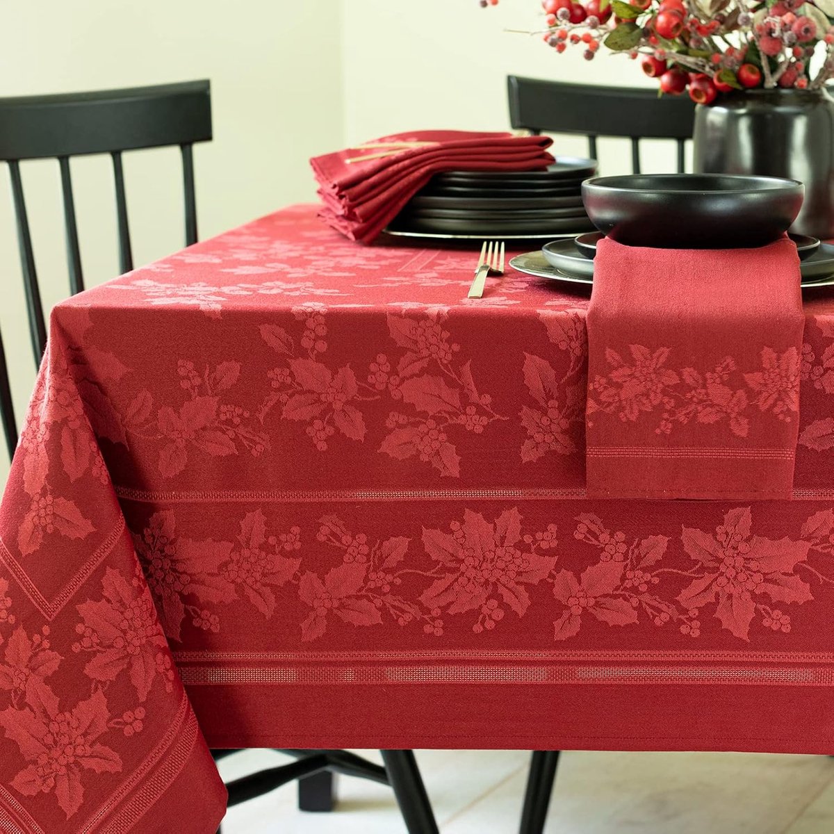 Luxe Zwaargewicht Jacquard Tafelkleed voor Feestdagen en Kerst (Donkerrood, Rond)