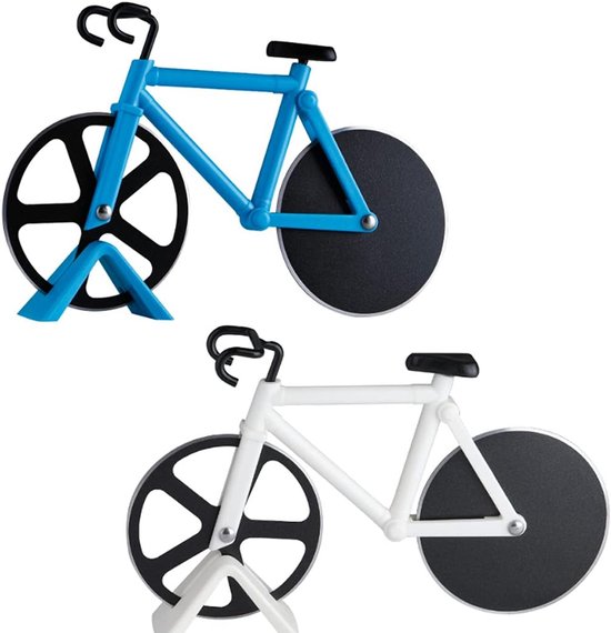 Blauwe en witte fiets pizzasnijders met zwarte wielen en standaarden.