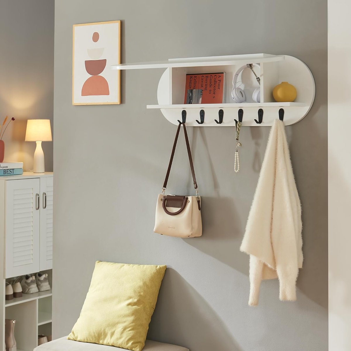 Wandkapstok met Haken - Muurrek Entree - Hal Organiseren - Opbergvak met Klep - 80x30x16 c