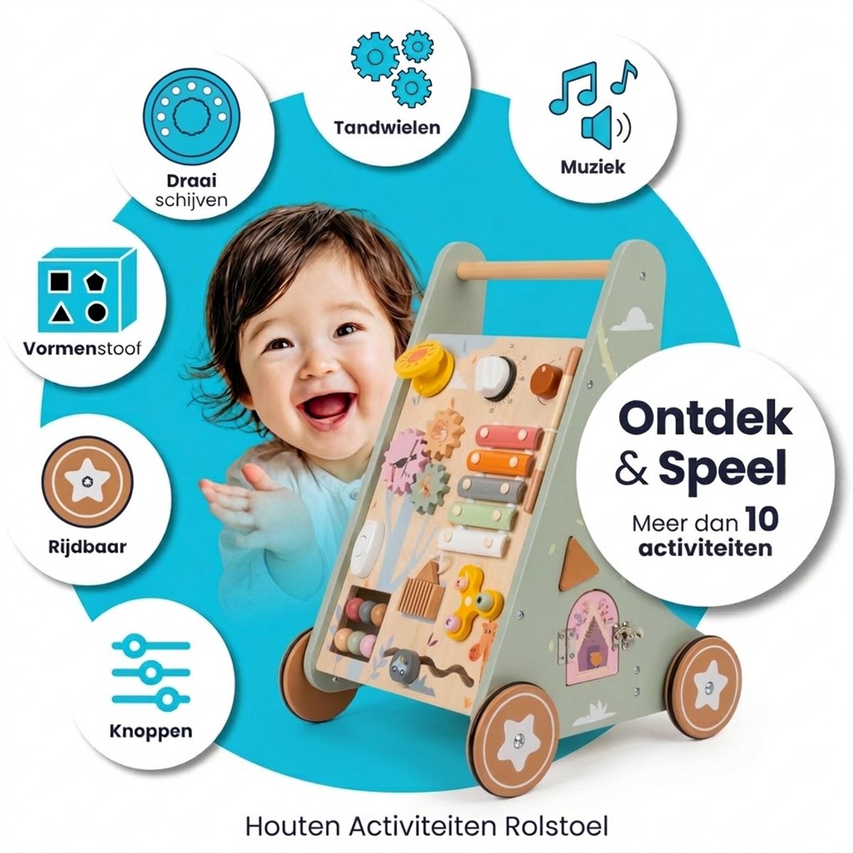 Laavir Houten Loopwagen met Activiteitenpaneel - Baby Walker met Xylofoon, Spiegeltje, Klok en Vormen - Montessori Speelgoed vanaf 1 Jaar - Lichtgroen — afbeelding 9