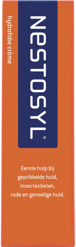 Nestosyl hydrofobe crème verpakking. Tekst "Nestosyl" in blauwe letters op een blauwe band op oranje achtergrond.