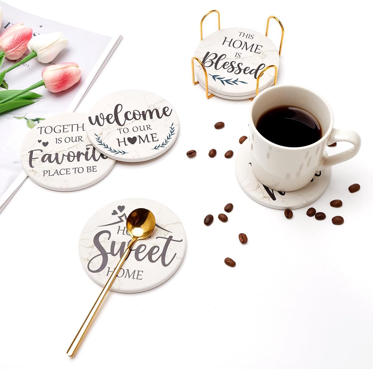 Set van 6 Keramische Onderzetters voor Koffietafel - Absorberend en Decoratief