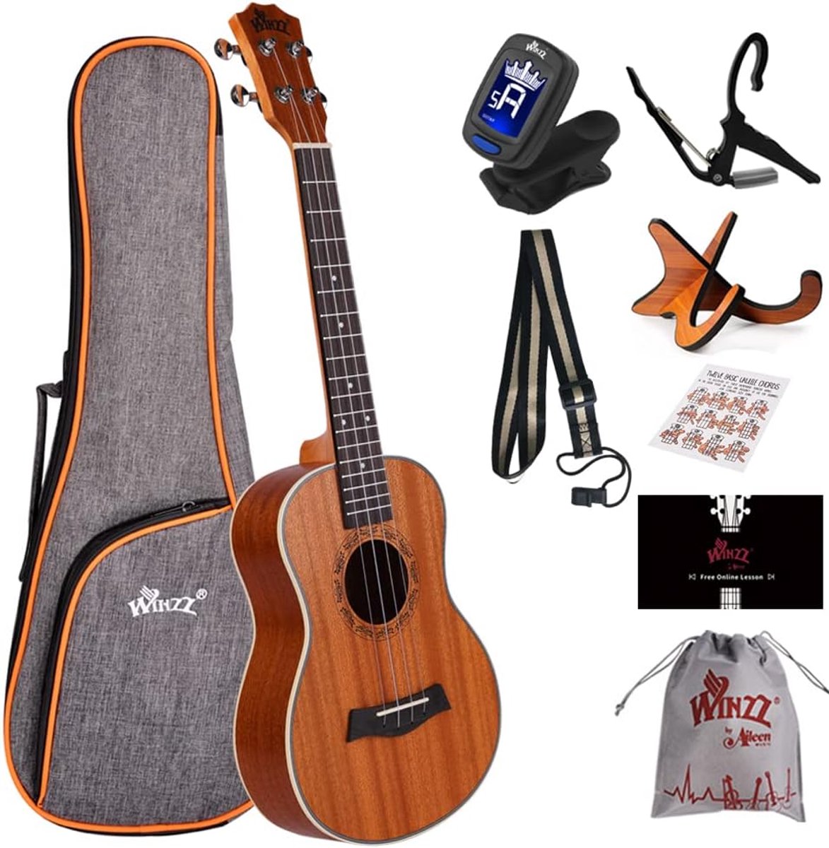 Tenor Ukelele 66 cm voor Volwassenen en Beginners, Inclusief Standaard en Capo