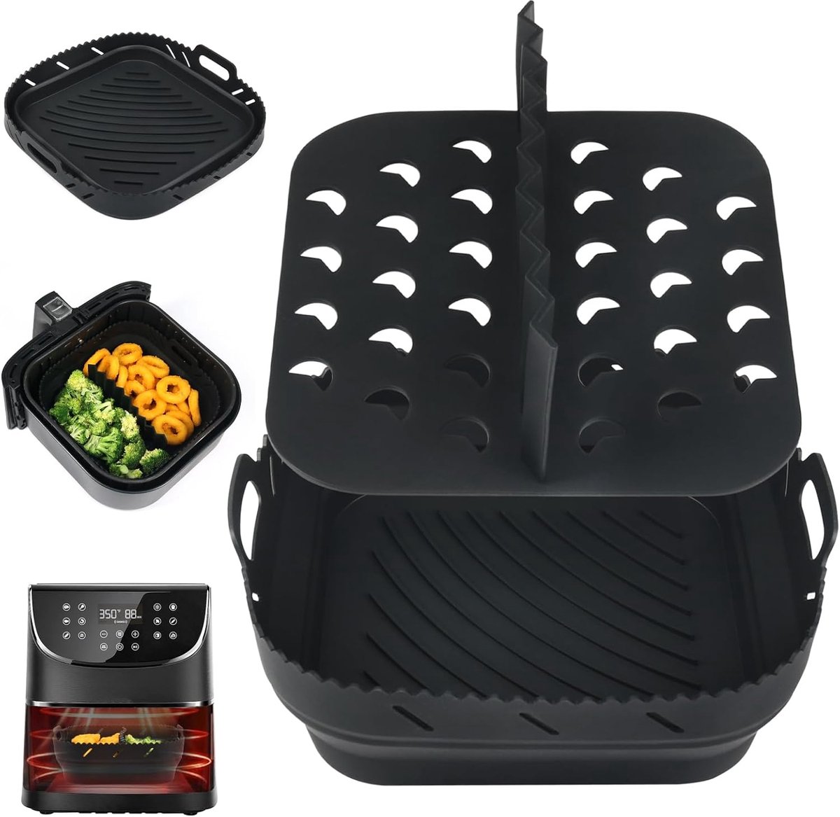 Luchtfriteuse Liner Siliconen met Verdeler, Vierkante Siliconen Luchtfriteuse Accessoires voor Ninja Speedi 5,7L / Cosori 5,5L/ Tefal/ Instant Vortex/ Philips Luchtfriteuse, 20,3 cm