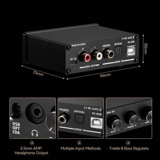 Mini USB DAC Audio Decoder met Hoofdtelefoonversterker - 24bit/192kHz ...