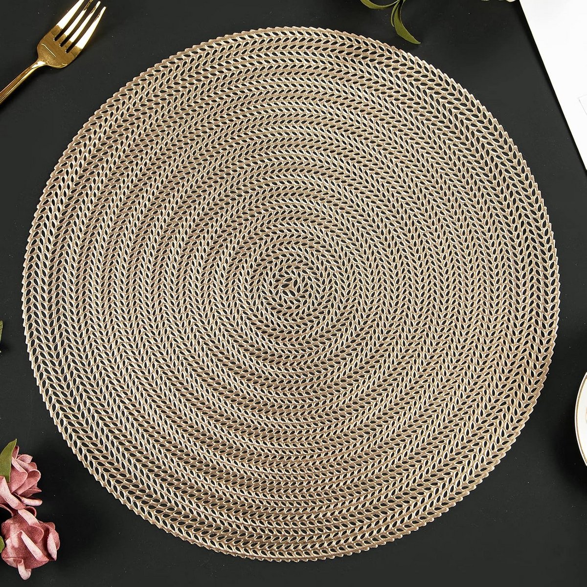 Set van 6 Ronde Vinyl Placemats 35 cm Uitgehold Wasbaar Tafelmatten Goud