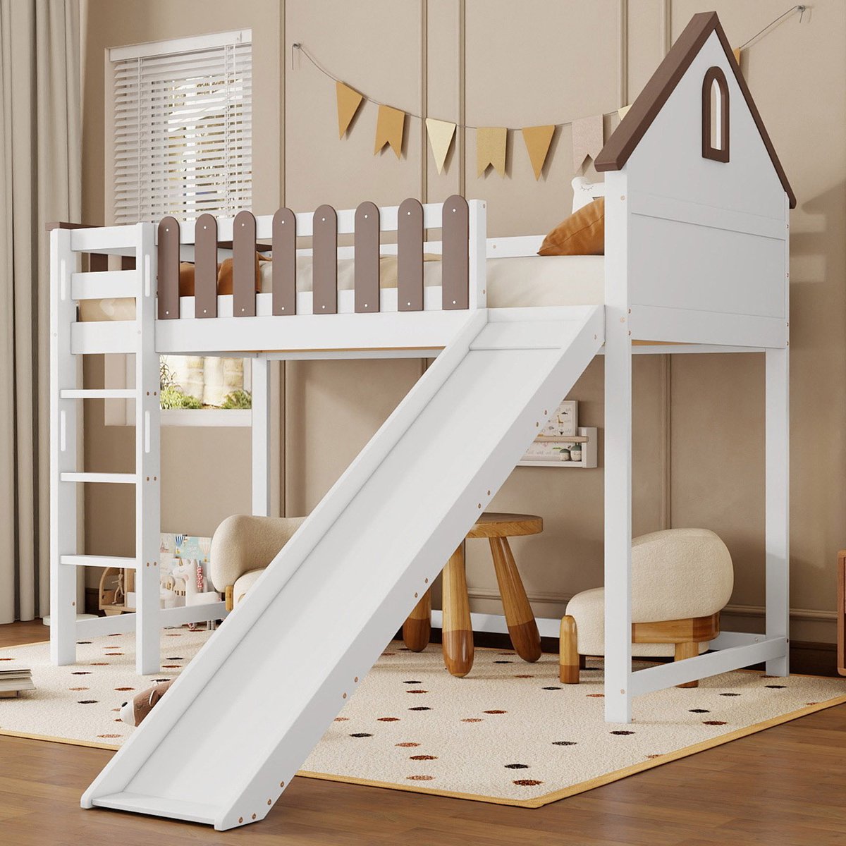 MODFU Hoogslaper 90x200 cm – wit massief hout – met dak, ladder, glijbaan en hekwerk