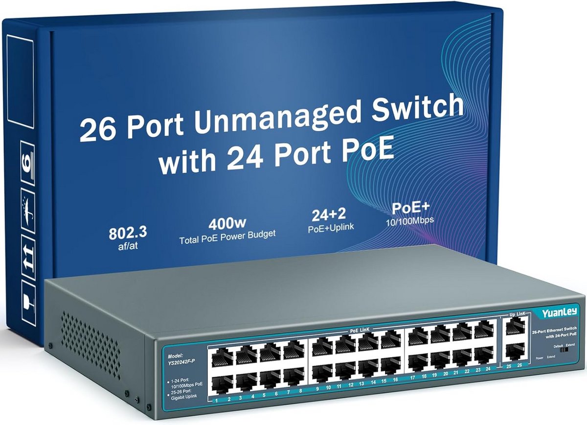 PoE Switch 26 Poorten (24x PoE, 2x Gigabit Uplink) 400W High Power Plug & Play
