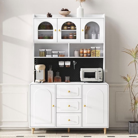 BLACKCOLORS Armoire haute avec étagère perforée et pieds en bois massif, bar avec espace de rangement, armoire de cuisine avec tiroirs, idéal pour la cuisine et la salle à manger (blanc)