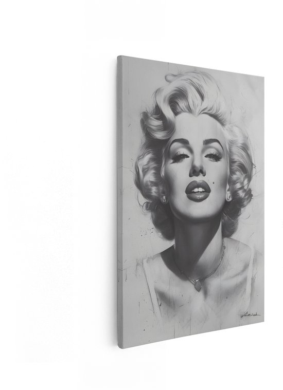 Marilyn Monroe zwart-wit canvas schilderij, close-up portret met klassieke pose.