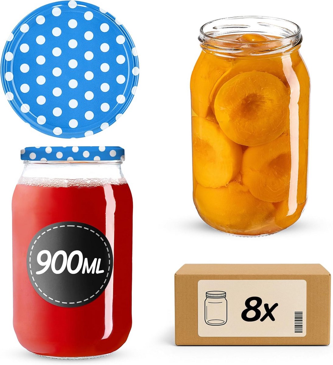 Set van 8 Grote Glazen Inmaakpotten 900ml met Draaideksel voor Zelfgemaakt Voedsel