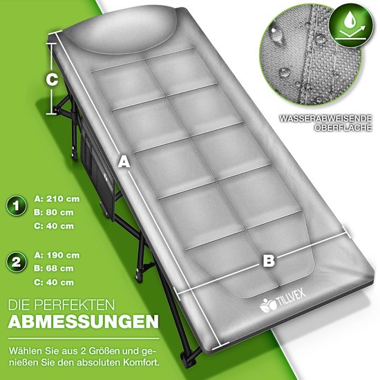 tillvex® Campingbed, inklapbaar, met draagtas, tot 200 kg, extra breed, veldbed, karperligstoel voor buiten en binnen, opvouwbaar logeerbed, tuin, camping, vissen, festival, reizen