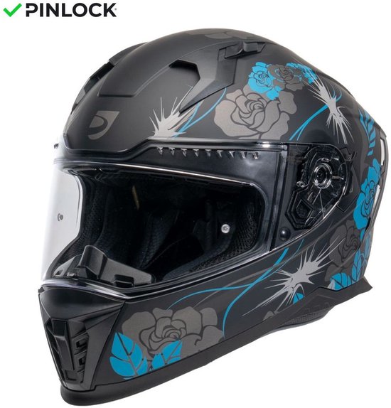Casque intégral noir avec un imprimé floral turquoise et gris et une visière transparente. Logo PINLOCK.