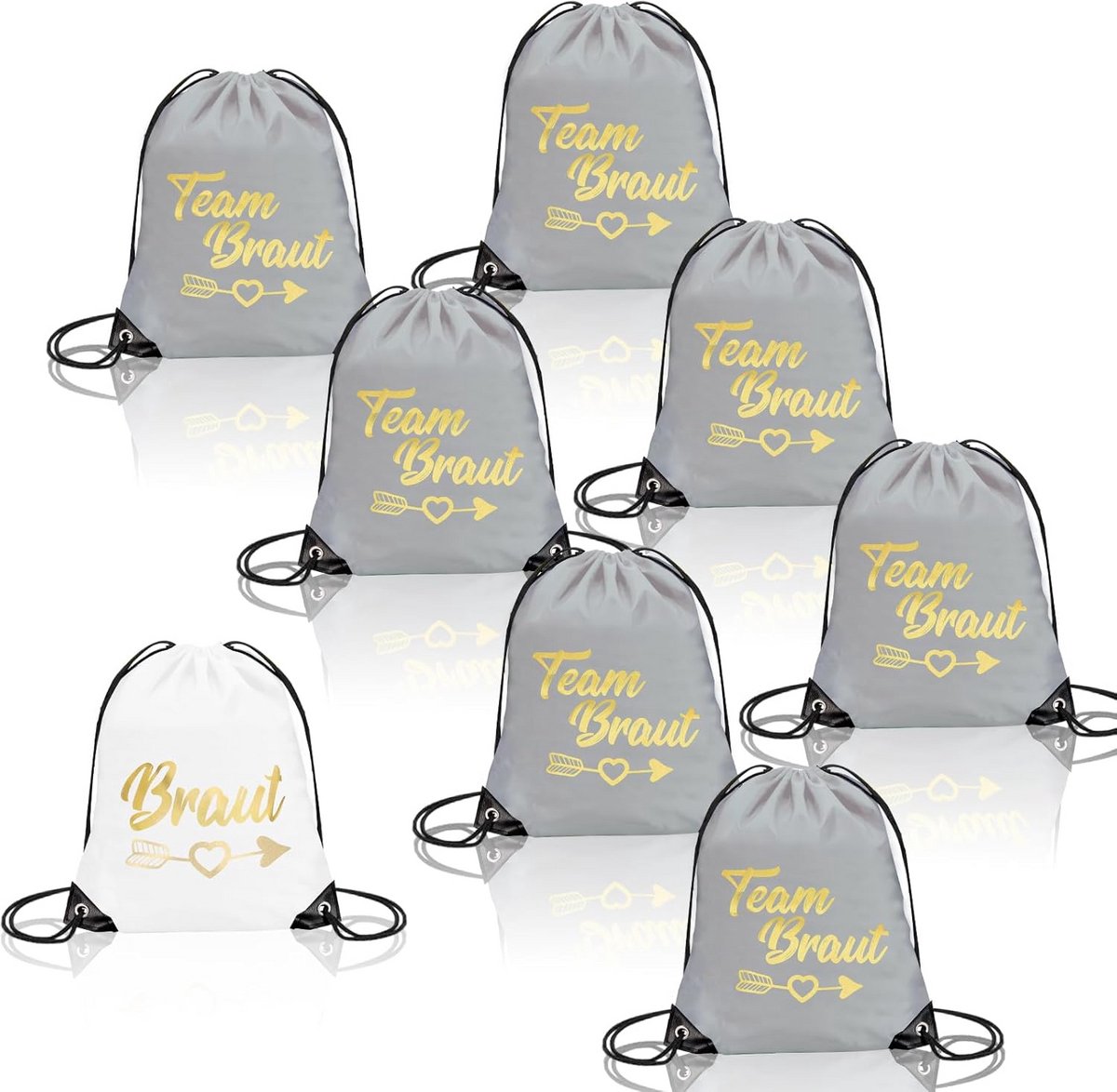 8 stuks gymtassen met trekkoord in wit en groen, 34 x 42 cm, polyester zakken set voor bruidsteam en dames