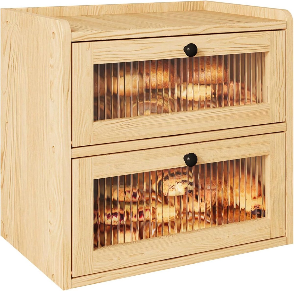 Dubbele laag broodtrommel met houten hoekdesign en acryl venster