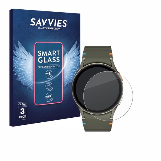 SAVVIES SMART GLASS verpakking naast een smartwatch met een SAVVIES screenprotector.