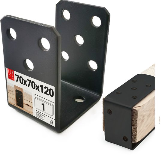 Zwarte U-vormige paalhouder met afmetingen 70x70x120mm, met label.
