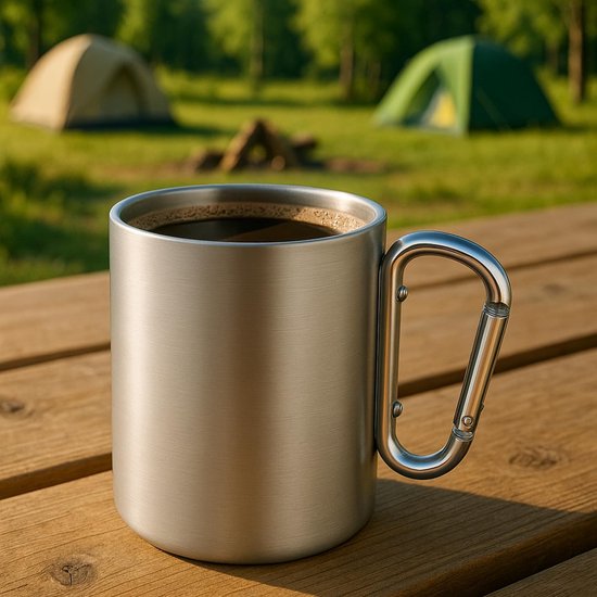Mok met karabijnhaak - Dubbelwandige Mok - RVS - 300 ml - Drinkbeker - voor Kamperen & Backpacken - Camping Beker - Zilver — afbeelding 3