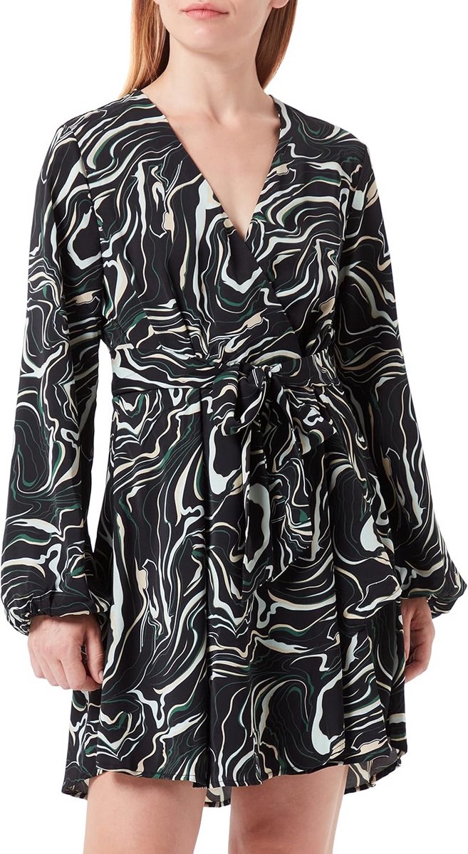 Dames Wikkeljurk Mini Zwart met All Over Print en Lange Mouwen