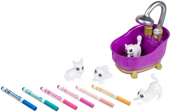 Crayola Washimals set met een paarse badkuip, 3 dieren en 5 kleurpotloden.