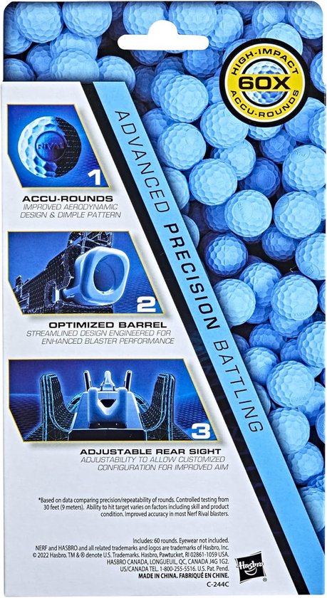 De achterkant van een doos Nerf Rival 60X accu-ronde met illustraties en de tekst 'ADVANCED PRECISION BATTLING'.