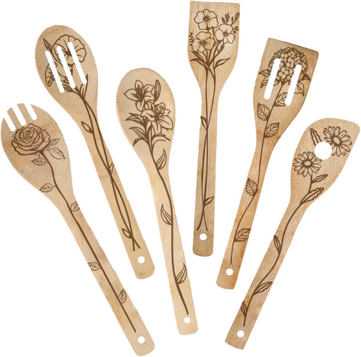 Set van 6 Bamboe Kooklepels met Bloemenpatroon, Duurzaam Houten Keukengerei