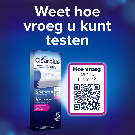Verpakking met Clearblue zwangerschapstesten. Bevat QR-code en tekst "Hoe vroeg kan ik testen?".