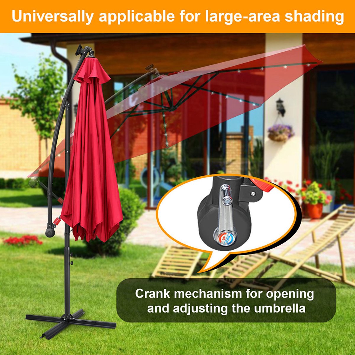 Zweefparasols - 350CM - Solar LED Verlichting 32x Wit - UV 50+ bescherming (blokkeert 98% UV) - Multi-angle Kantelbaar & Draaibaar - Windbestendig frame 8 Ribben - Incl. Kruisvoet - Waterafstotend doek Rood – foto 7