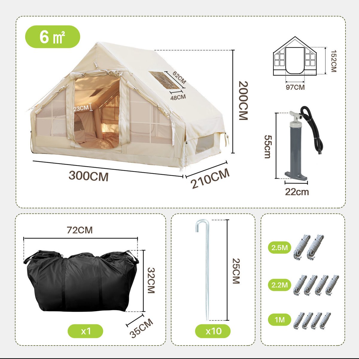 opblaasbare tent opblaasbare glamping tent Waterdicht Tot 4 personen Beige Camping, Tuin, Glamping 300x210x200cm – foto 2