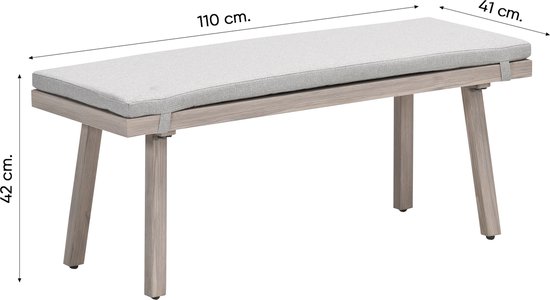 Lichte houten bank met grijze stoffen zitting, met afmetingen 110x41x42 cm.