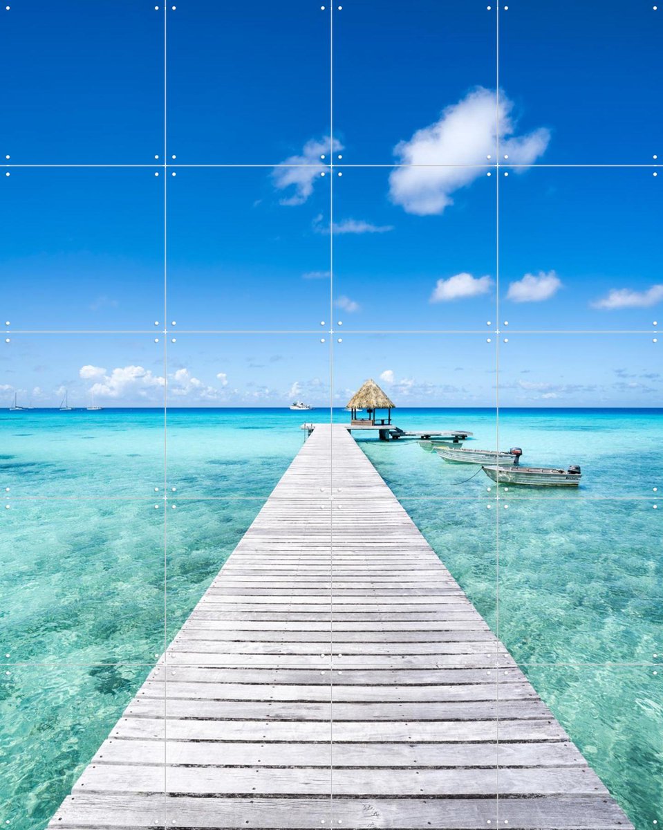 IXXI Wooden Pier - French Polynesia, Jan Becke - 80 x 100 cm - Gratis ophangtool - Grote wanddecoratie en posters - Fotografie, Kleurrijk, Woonkamer