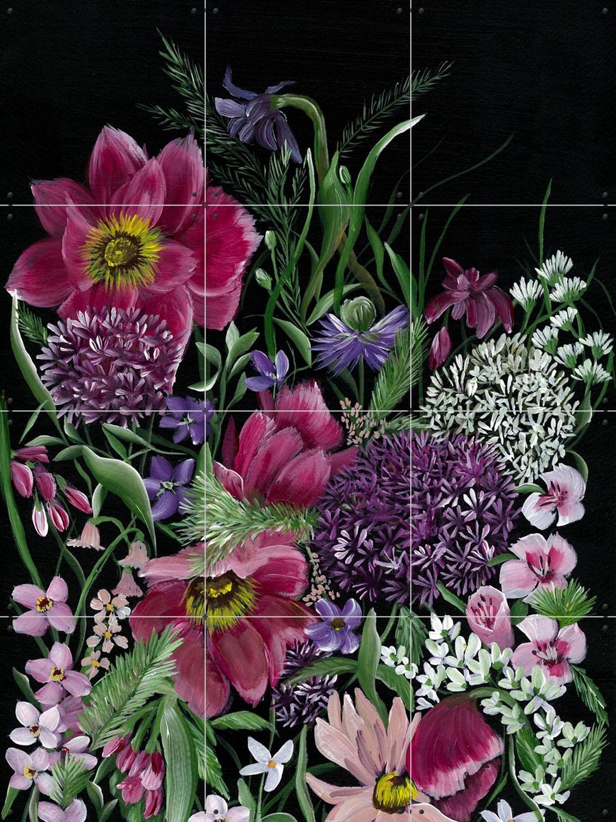 IXXI Black Bloom, Lens en penseel door Myrte - 60 x 80 cm - Gratis ophangtool - Grote wanddecoratie en posters - Kleurrijk, Naturalisme, Schilderijen