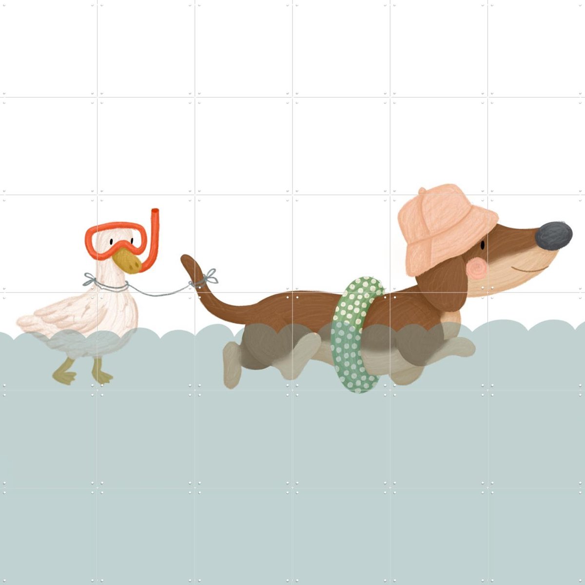 IXXI Swimming Dachshund, Studio Phie - 120 x 120 cm - Gratis ophangtool - Grote wanddecoratie en posters - Digitale Kunst, Illustraties, Speels