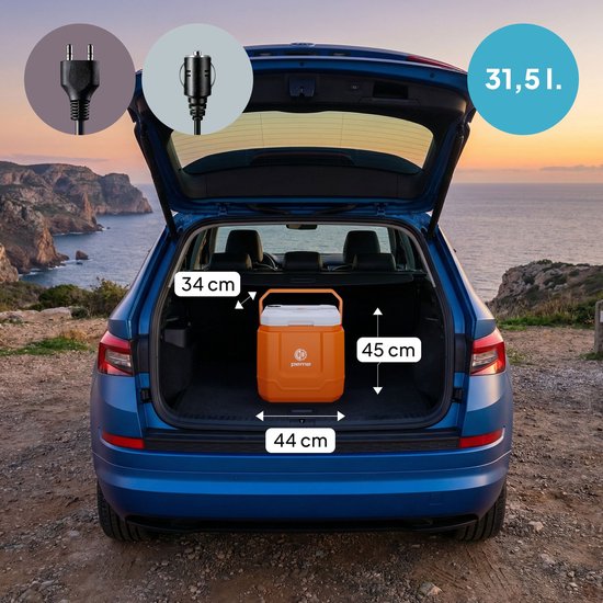 Peme Trip Sunset Orange - Elektrische Koelbox met Bluetooth Speaker - 31,5L - Koelen en Verwarmen - 12V/24V/230V - Auto & Camping Koelkast - USB-poort - ECO-modus - Fluisterstil 26dB - Verwijderbaar Rooster van Merkloos — afbeelding 3