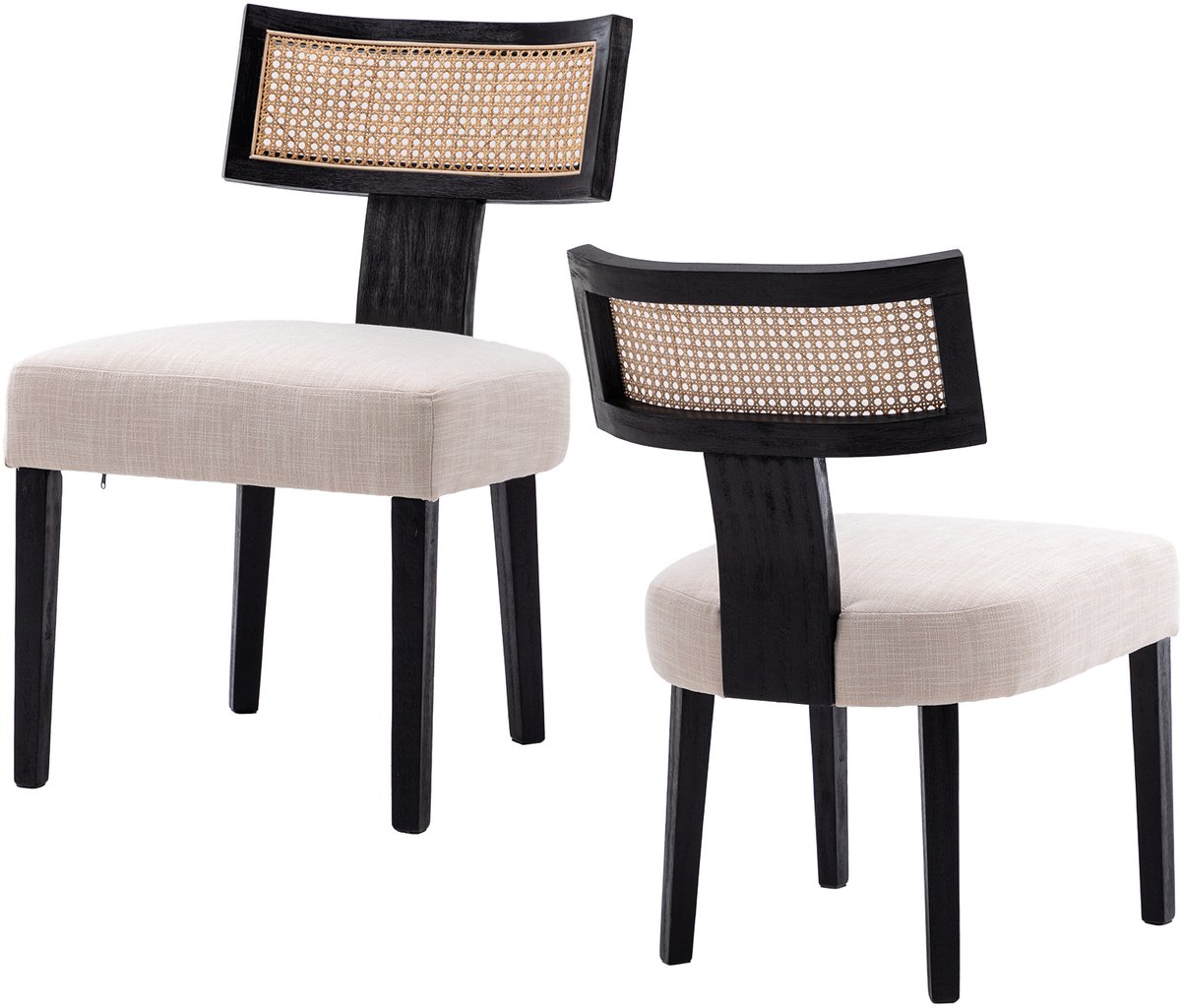 chairus Eetkamerstoel Set van 2 stoelen - Beige en Zwart - Linen - Rieten Rugleuning - Gewatteerde zitting - Armloze stoelen - Met Houten Poten - Voor woonkamer en keuken