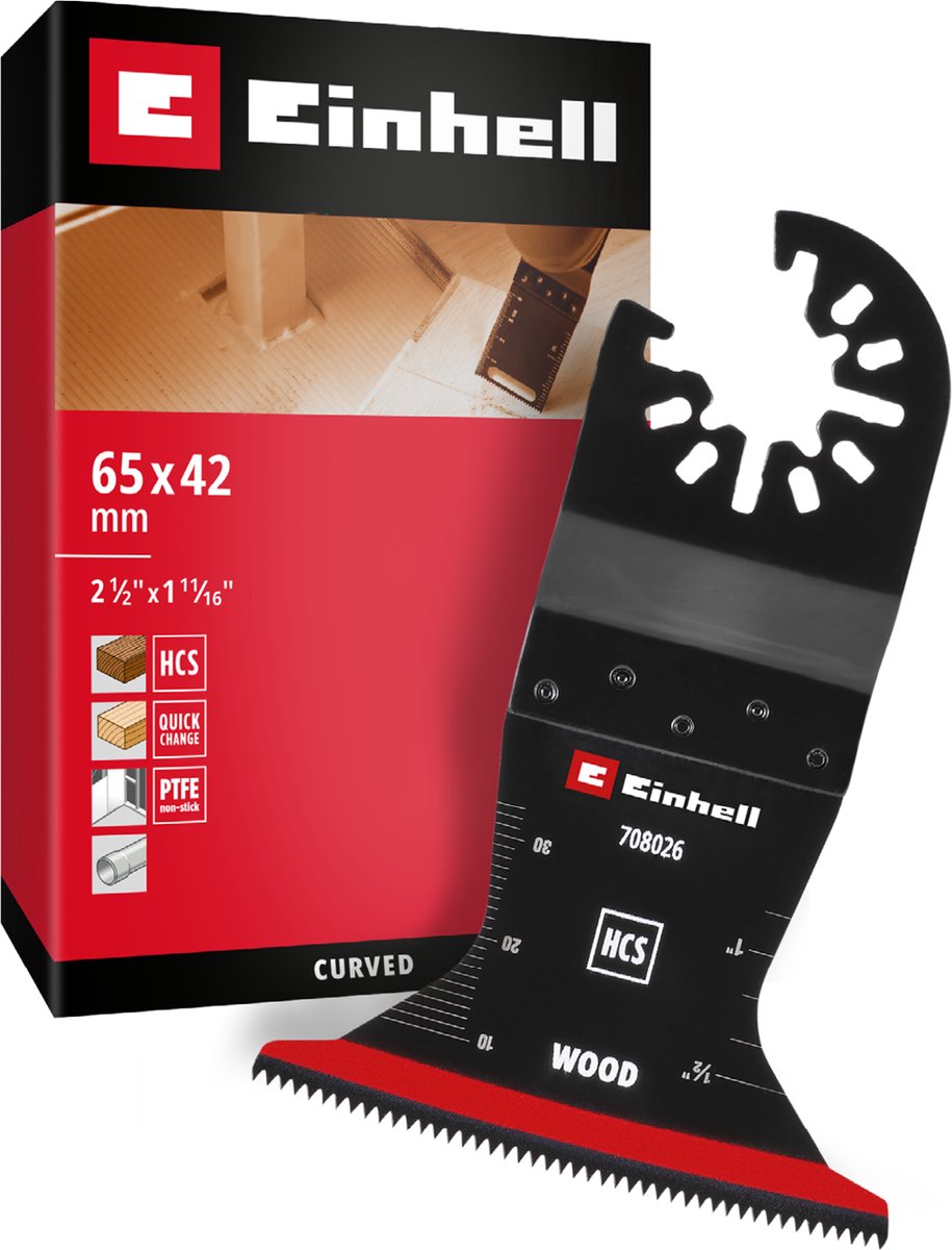 Einhell invalzaagblad van koolstofstaal voor houtbewerking (65 mm breedte, 42 mm invaldiepte, PTFE-coating, houttanden, gebogen snijkant, snelwisselfunctie)