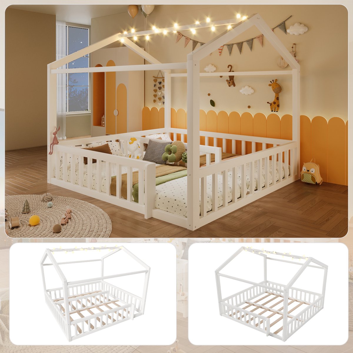 Clruro Kinderbed - 180 x 190 cm - Met Hek en LED - Huisframe - Grenenhout - Wit