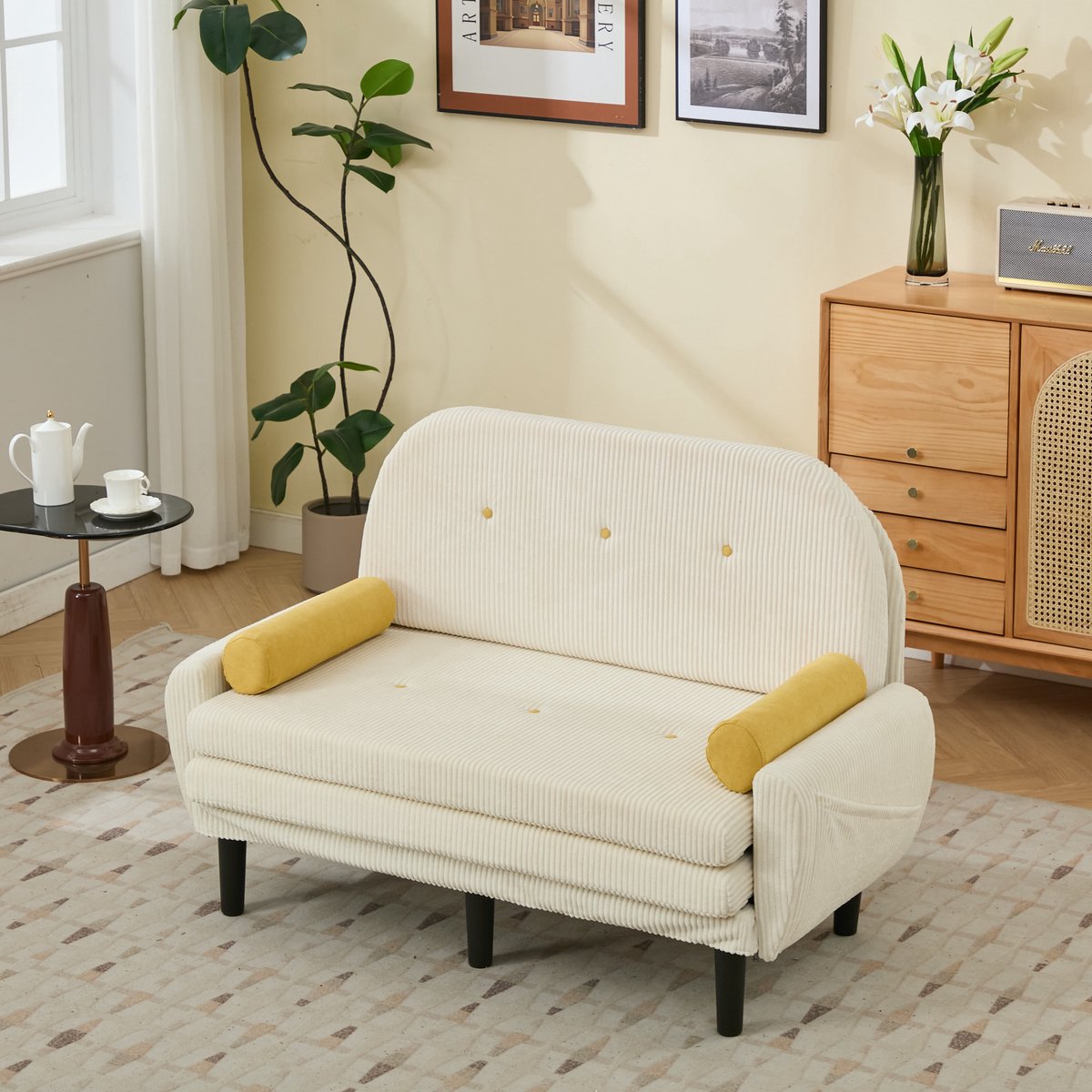 HAUSS SPOLE Loveseat Bank - Verstelbare Rugleuning - Te Gebruiken Als Daybed En Relaxfauteuil - Metalen Frame - Ribfluweel Ivoor