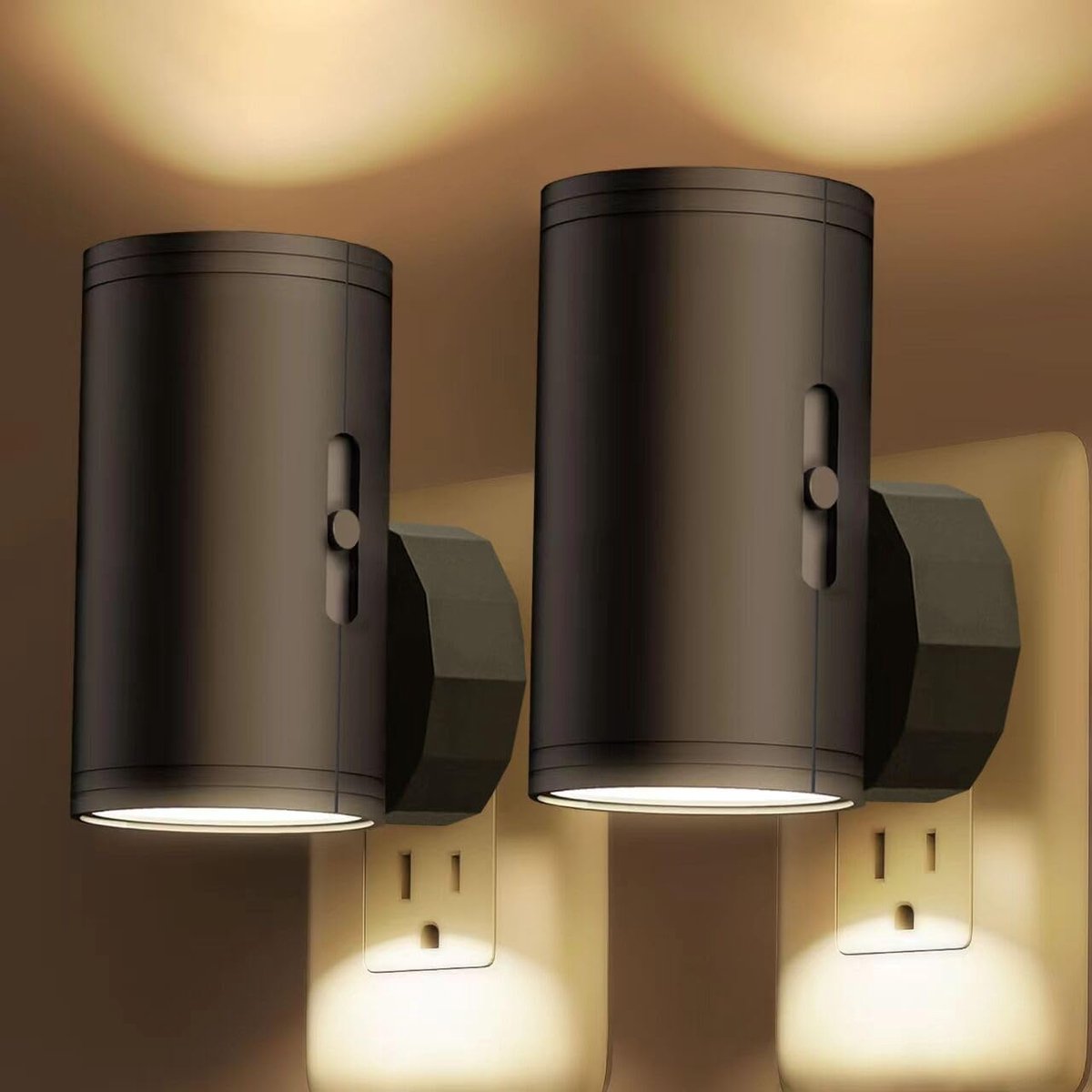 Ynkkvre -Nachtlampje Stopcontact - 2 stuks LED-nachtlampjes met stekker - Nachtlampjes met stekker, schemersensor - 5-300 lm, instelbare helderheid - 2700K - Dimbare nachtlampjes voor keuken, hal, slaapkamer en trap - Zwart