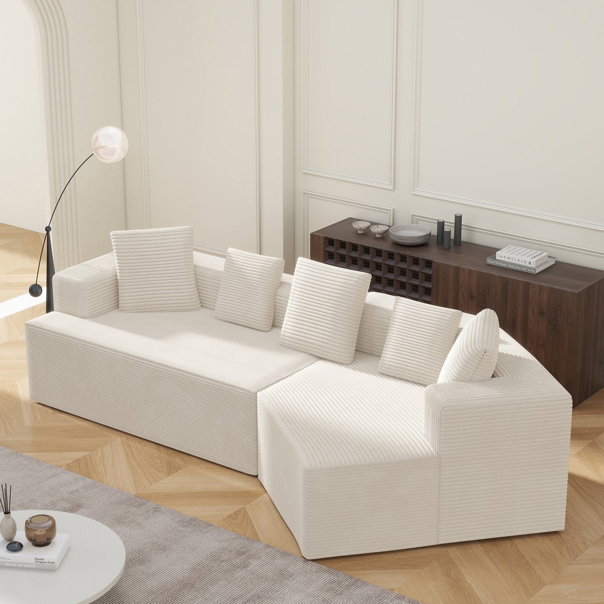 Volledig Gecomprimeerde, 3-Zits Bank, Frameloze Bank, 312 cm Breed, Comfortabele stof met Wolkdesign, Modulaire Bank, Volledig Gecomprimeerde Verpakking, geen Montage Nodig, Wit