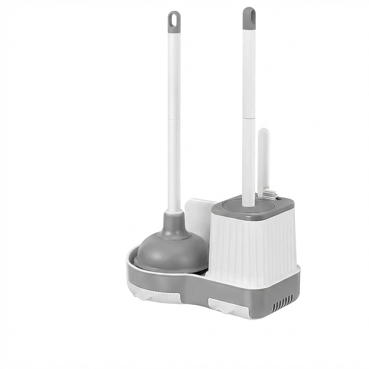 Hearyoo Toiletborstel WC Staand 3-in-1 – Toiletborstel met Ontstopper – Wandmontage of Staand – Ventilerende Houder – Grijs