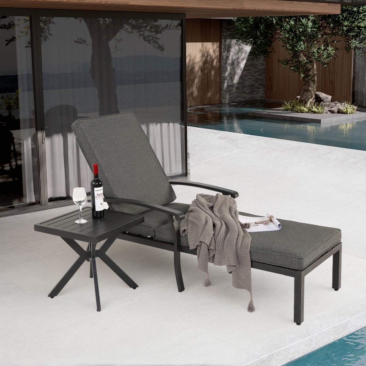 Ligbed - Verstelbaar - Chaise Lounge met Katoenen Kussen - Aluminium - Grijs