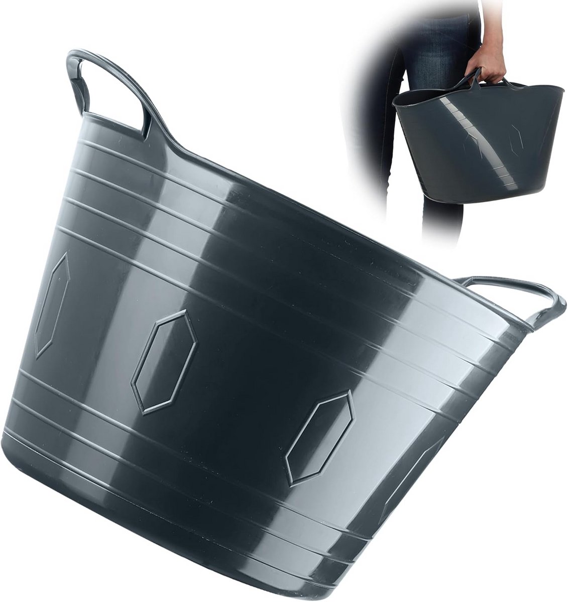 Kunststof Mand met Handgrepen - Multifunctionele Opbergmand voor Wasgoed, Speelgoed en Levensmiddelen - Ronde Waterdichte Container - 26 L - Donkergrijs