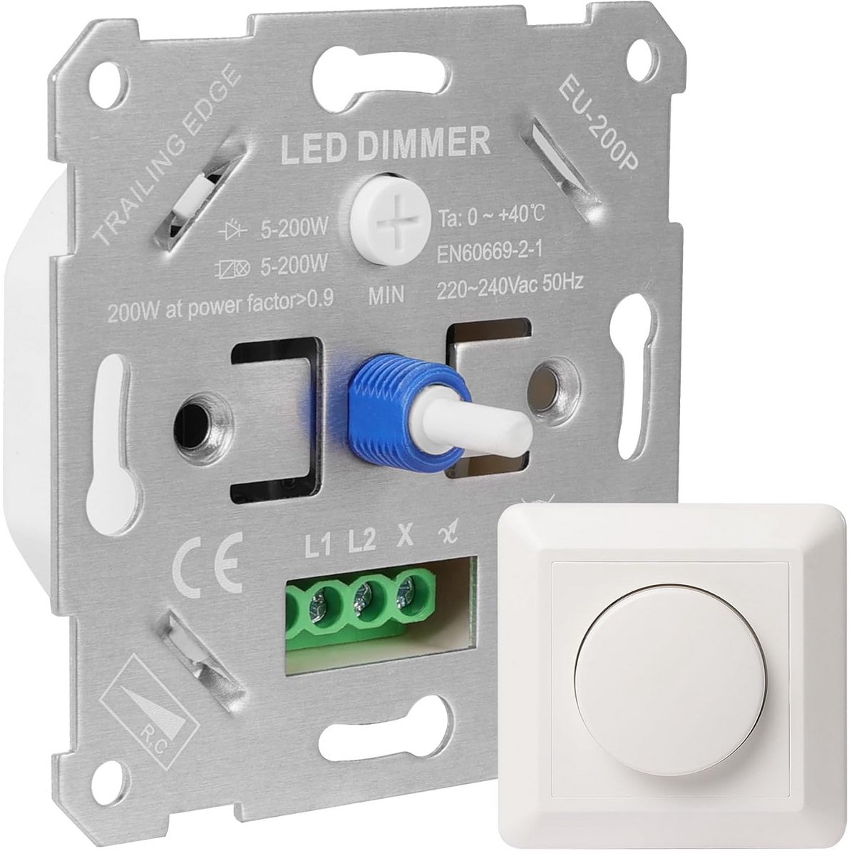 Draaibare LED Dimmer Schakelaar 230V – 5-200W – Inbouw Lichtdimmer met Witte Wipplood