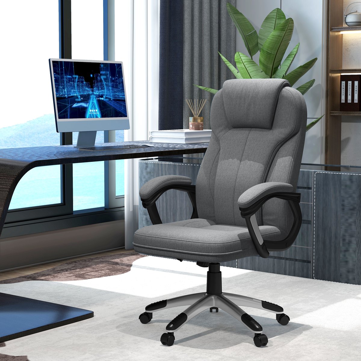 STILVORA Bureaustoel 66x75x110 120 Cm - Ergonomische Hoge Rugleuning Met Kantelfunctie - In Hoogte Verstelbaar - Met Hoofdsteun - Polyester Grijs