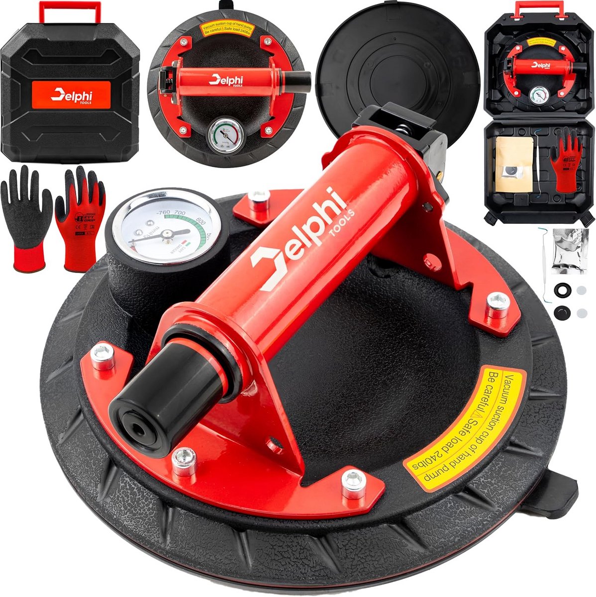 Vacuüm Zuignap 200mm met Manometer en Drukindicator voor Tegels, Glas en Plaatwerk tot 120 kg