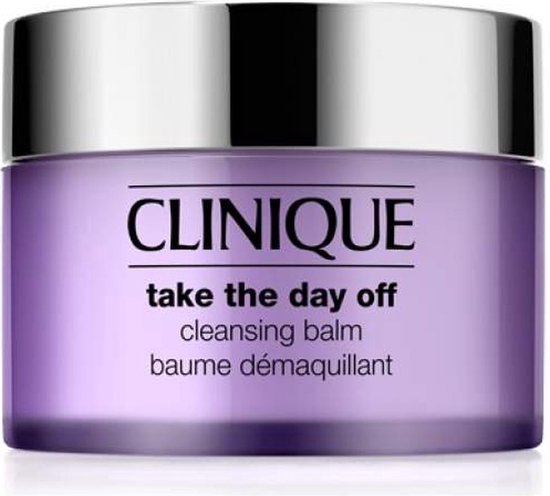 Clinique, take the day off, cleansing balm, baume démaquillant in paarse pot met zilveren deksel.