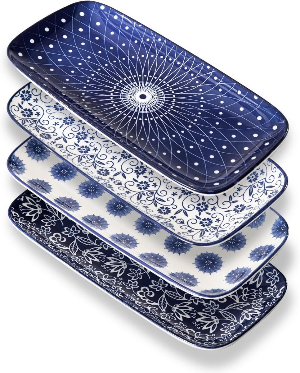 Keramische rechthoekige serveerschaal 30 cm - set van 4 - vintage blauw