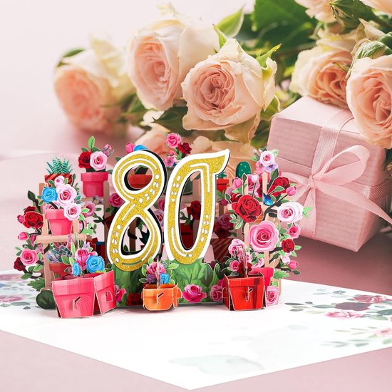 Gelukkige 80e Verjaardag Pop-up Kaart – 3D Bloemenontwerp Van Second Nature, Uniek Cadeau Met Persoonlijk Berichtpaneel